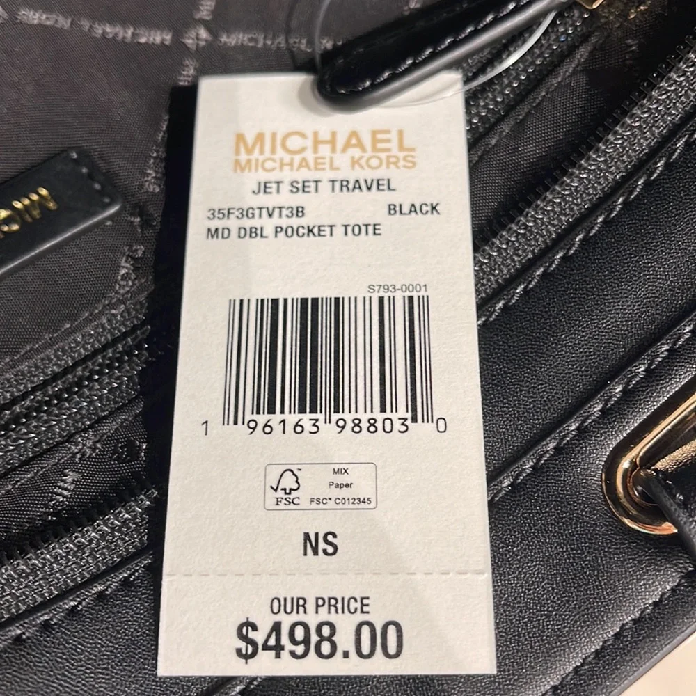 MICHAEL KORS JET SET TRAVEL MEDIUM DOUBLE POCKET TOTE 
BLACK SIGNATURE
NWT - Picture 8 of 16